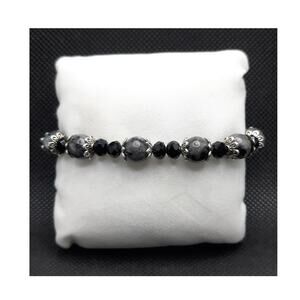 Artisan Black Labradorite Beaded Bracelet Toggle Clasp Silver Tone Elegant NEW